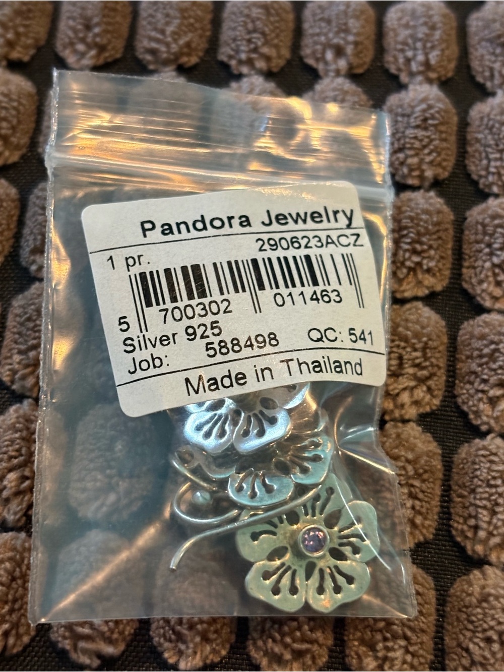Pandora Silver Floral Drop Earrings with Purple Accent